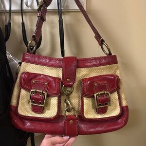 Coach Red and Tan Shoulder Bag with Leather Trim